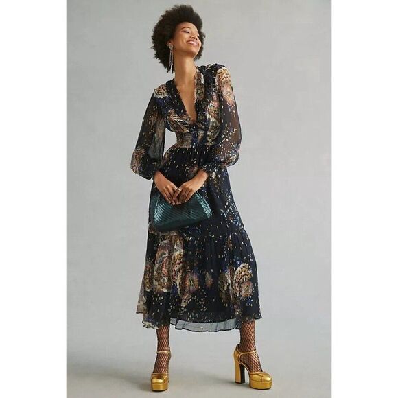NWT ANTHROPOLOGIE Sz XSP SMOCKED V NECK MAXI DRESS - Picture 1 of 5